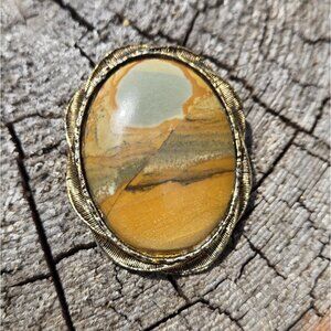 Large Picture Jasper Brooch Pendant Gold Tone Polished Oval Cabochon Brutalist